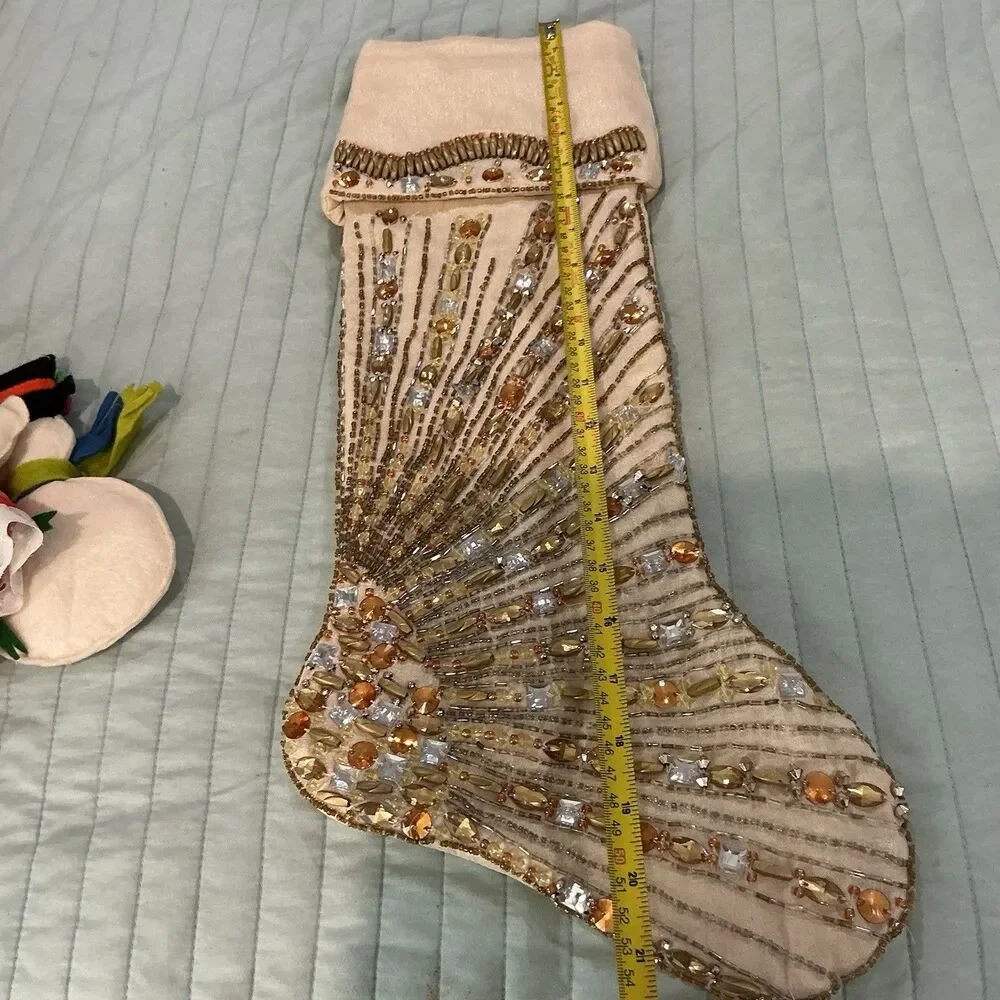 Kim Seybert Living Beaded Christmas Stocking Ivory Gold Jeweled Holiday 20”